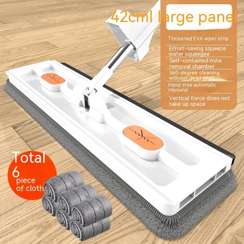 Large blue flat mop with a long silver handle showing the rotating head and built-in dewatering scraper.