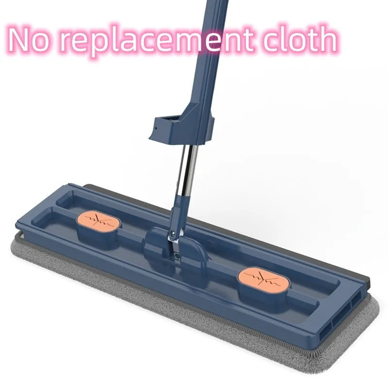 Large blue flat mop with a long silver handle showing the rotating head and built-in dewatering scraper.