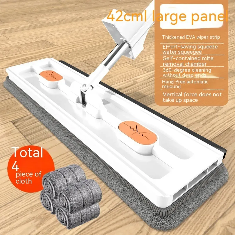 Large blue flat mop with a long silver handle showing the rotating head and built-in dewatering scraper.