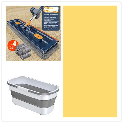Large blue flat mop with a long silver handle showing the rotating head and built-in dewatering scraper.