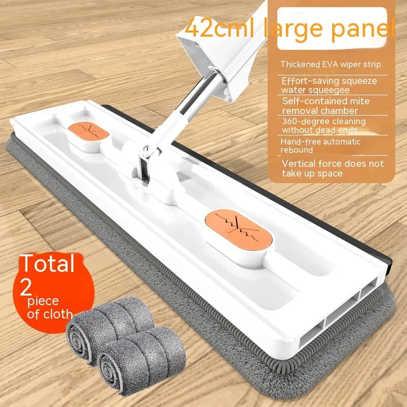 Large blue flat mop with a long silver handle showing the rotating head and built-in dewatering scraper.
