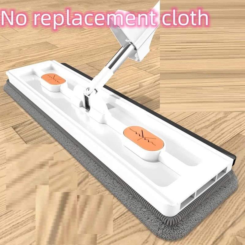Large blue flat mop with a long silver handle showing the rotating head and built-in dewatering scraper.