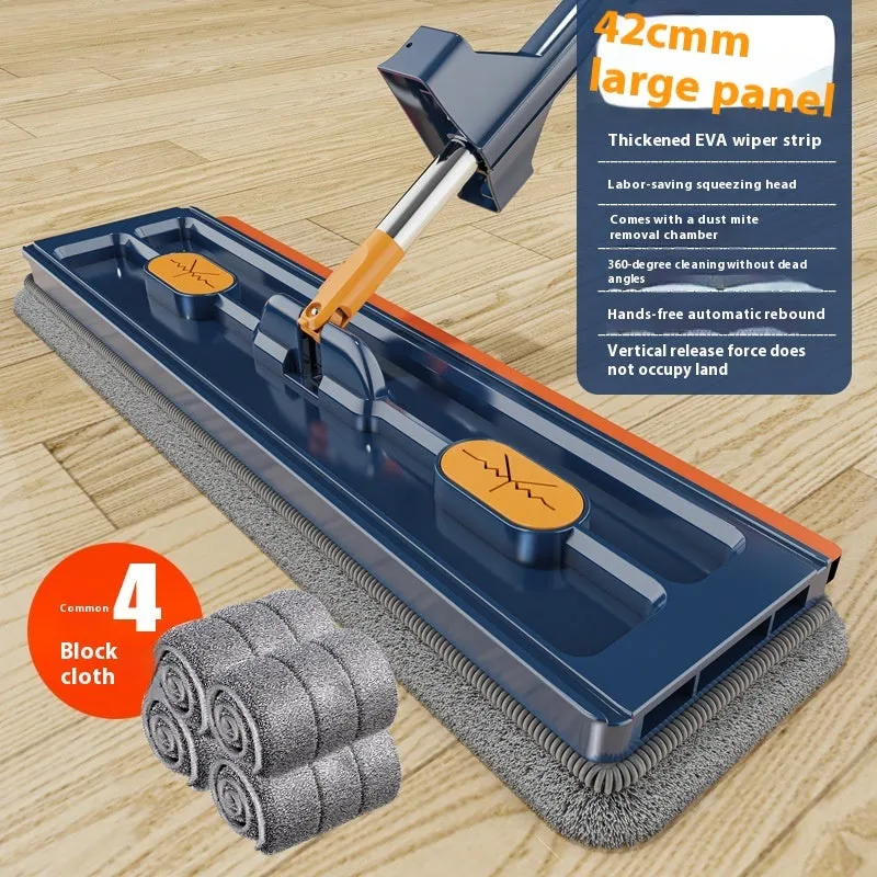 Large blue flat mop with a long silver handle showing the rotating head and built-in dewatering scraper.
