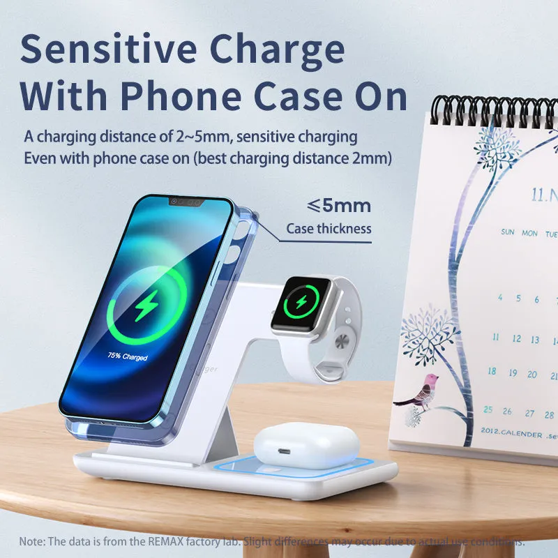 Three-in-one wireless charger folding stand in space black with phone, watch, and headset charging areas visible