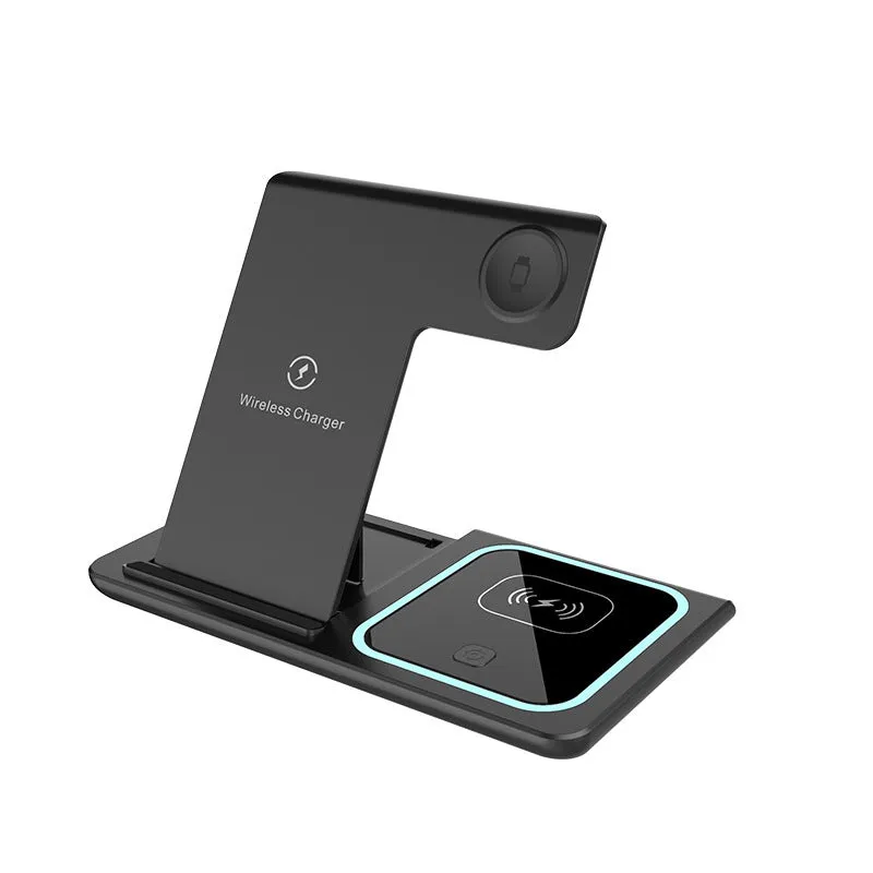 Three-in-one wireless charger folding stand in space black with phone, watch, and headset charging areas visible