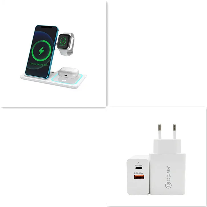 Three-in-one wireless charger folding stand in space black with phone, watch, and headset charging areas visible