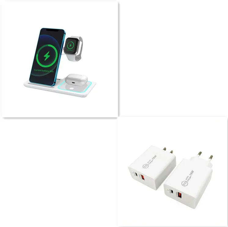 Three-in-one wireless charger folding stand in space black with phone, watch, and headset charging areas visible