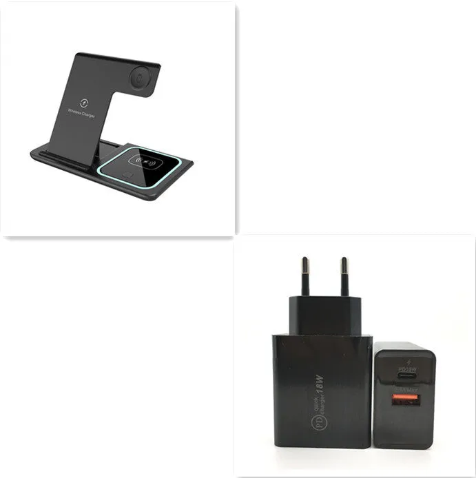 Three-in-one wireless charger folding stand in space black with phone, watch, and headset charging areas visible