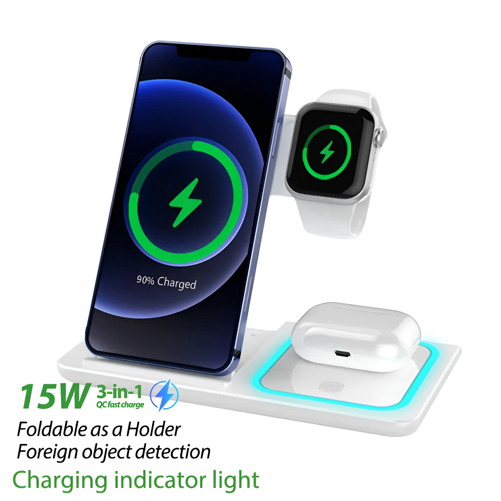 Three-in-one wireless charger folding stand in space black with phone, watch, and headset charging areas visible