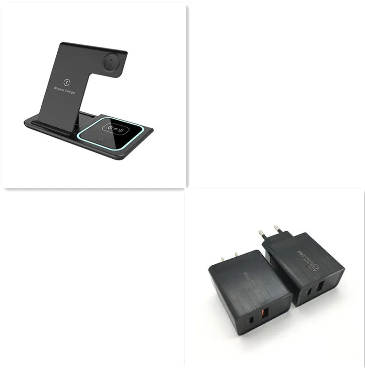Three-in-one wireless charger folding stand in space black with phone, watch, and headset charging areas visible