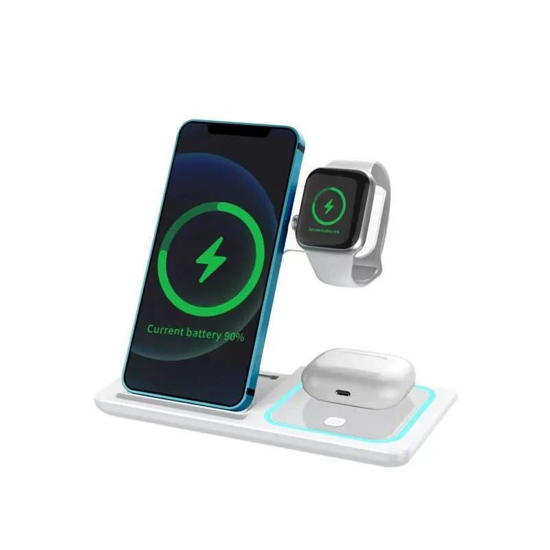 Three-in-one wireless charger folding stand in space black with phone, watch, and headset charging areas visible