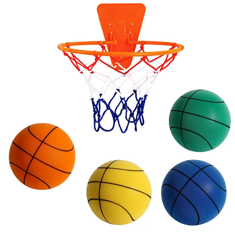 Silent high-density foam basketball in bright orange, 22cm diameter, for indoor children's play with reduced noise