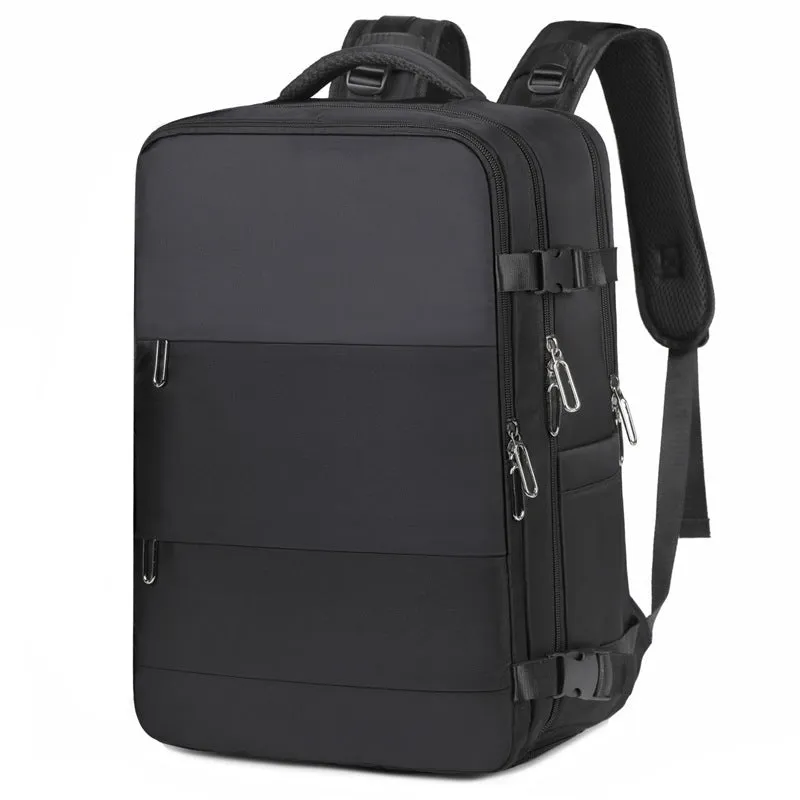 Large purple travel backpack with laptop compartment and air pillow shoulder straps shown open to reveal internal organisation pockets.