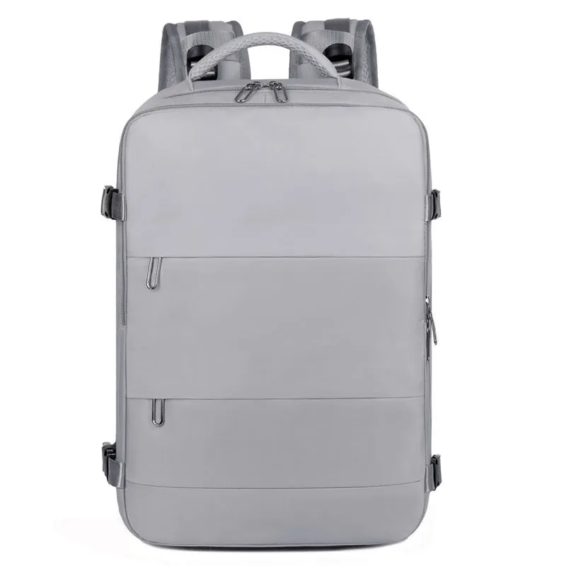 Large purple travel backpack with laptop compartment and air pillow shoulder straps shown open to reveal internal organisation pockets.