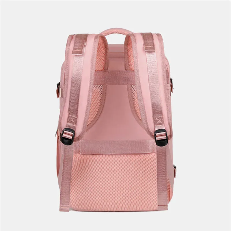 Large purple travel backpack with laptop compartment and air pillow shoulder straps shown open to reveal internal organisation pockets.