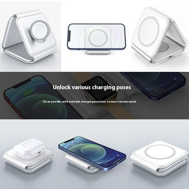 3 In 1 Magnetic Wireless Charging Folding Mobile Phone Holder Black White ABS Silicone USB-C Input 9V 2A 9V 3A Output 15W 10W 7.5W 5W 2.5W Foldable Design for Multiple Devices