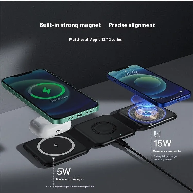 3 In 1 Magnetic Wireless Charging Folding Mobile Phone Holder Black White ABS Silicone USB-C Input 9V 2A 9V 3A Output 15W 10W 7.5W 5W 2.5W Foldable Design for Multiple Devices