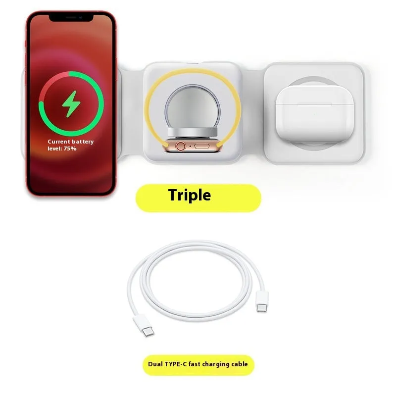 3 In 1 Magnetic Wireless Charging Folding Mobile Phone Holder Black White ABS Silicone USB-C Input 9V 2A 9V 3A Output 15W 10W 7.5W 5W 2.5W Foldable Design for Multiple Devices