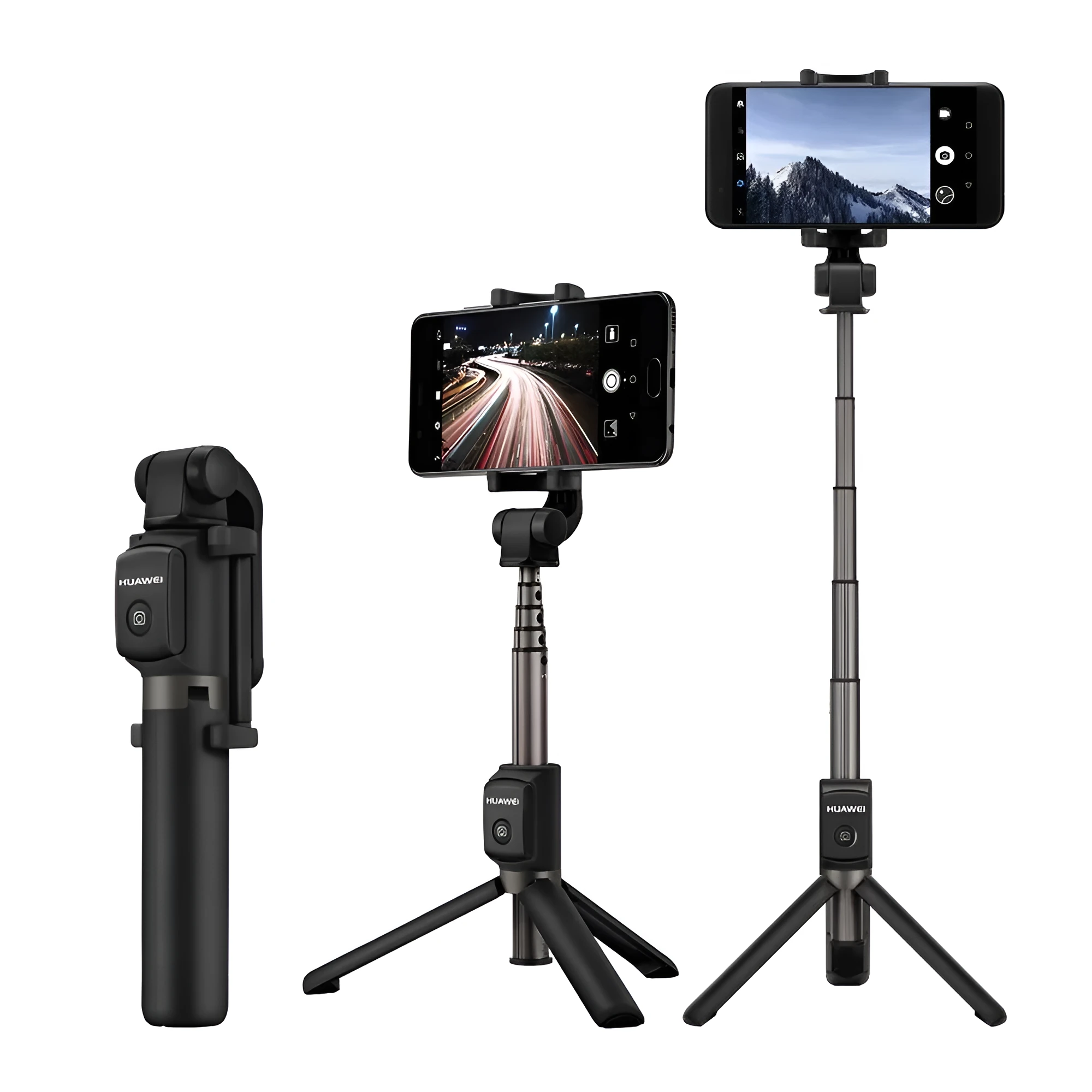 Bluetooth wireless selfie stick tripod with 660 mm extension, compatible with Apple iPhone and Android phones, in black plastic