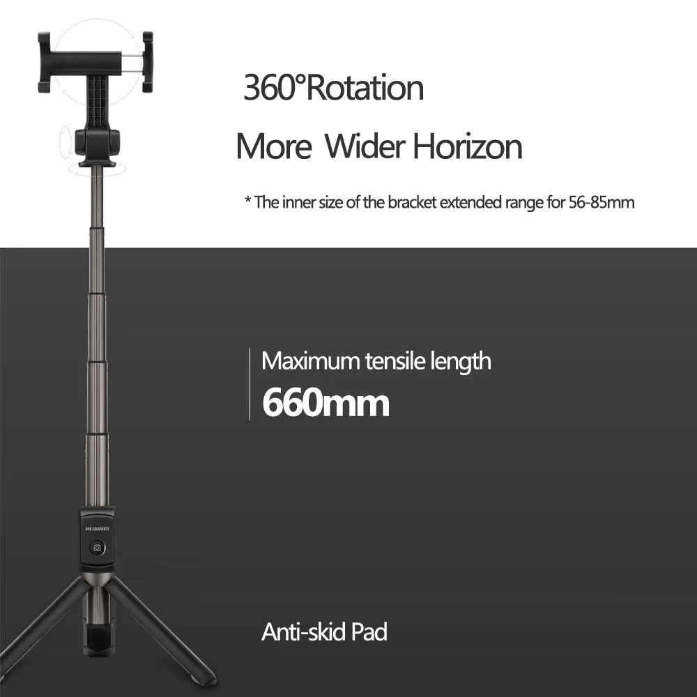 Bluetooth wireless selfie stick tripod with 660 mm extension, compatible with Apple iPhone and Android phones, in black plastic