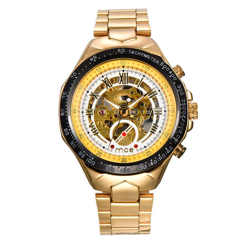Men's MCE mechanical watch with explosion-proof feature, shown in one of four available colour options.