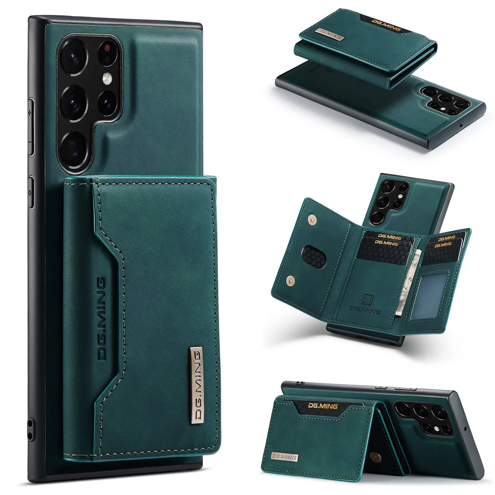 Magnetic card holder case for Samsung S22, black PU, single card slot on back, wireless charging compatible