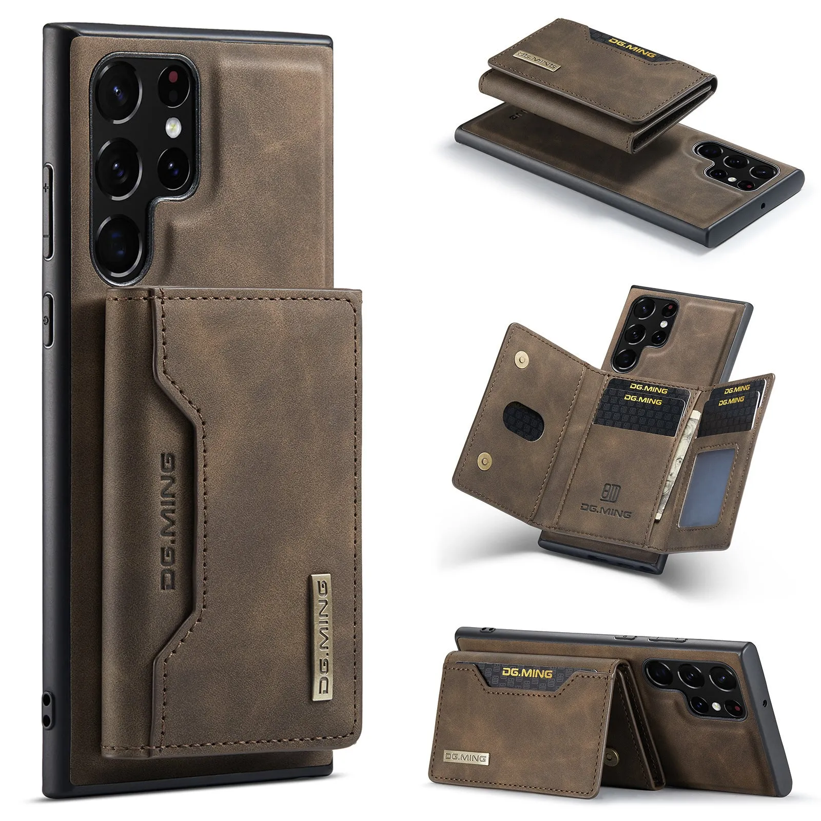 Magnetic card holder case for Samsung S22, black PU, single card slot on back, wireless charging compatible