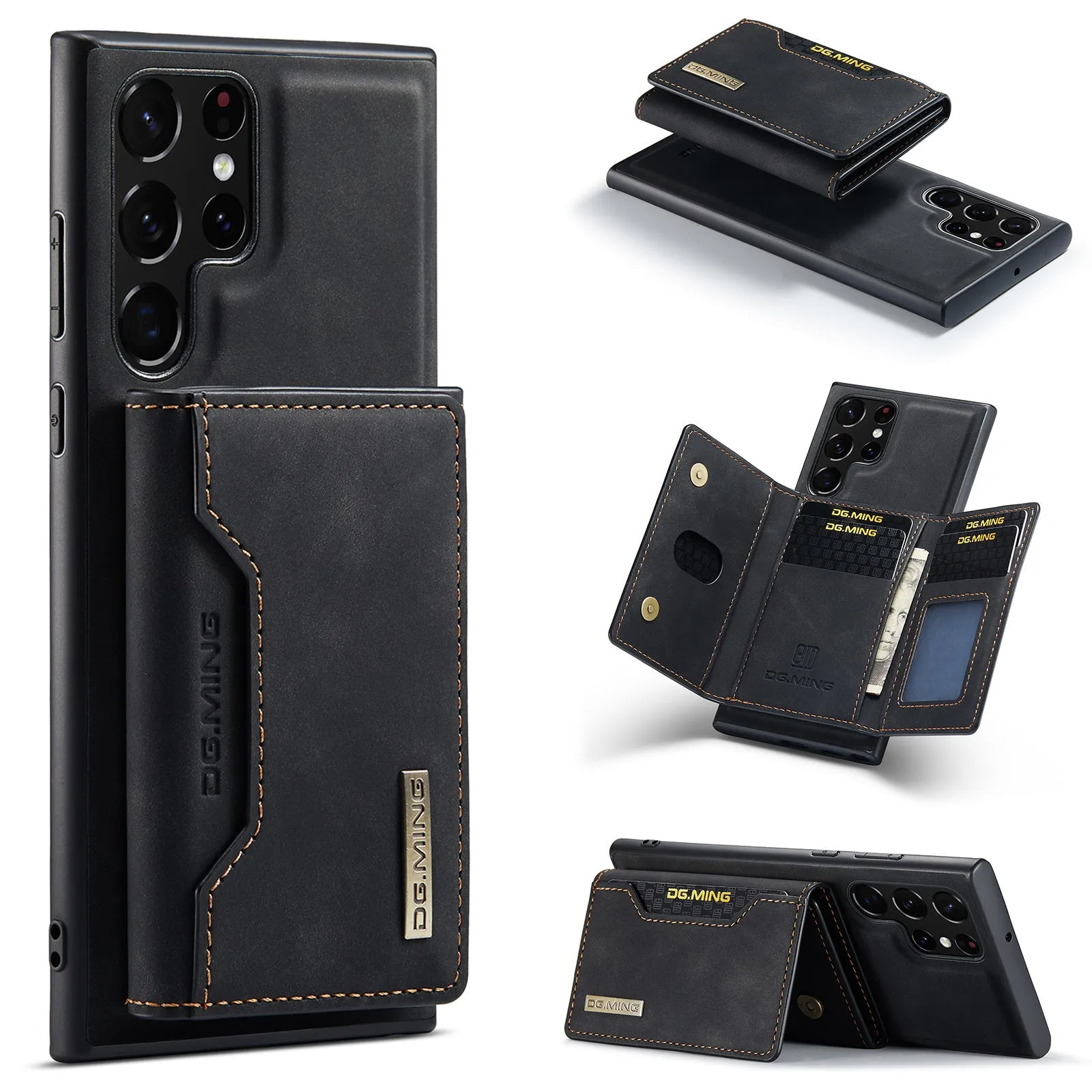 Magnetic card holder case for Samsung S22, black PU, single card slot on back, wireless charging compatible