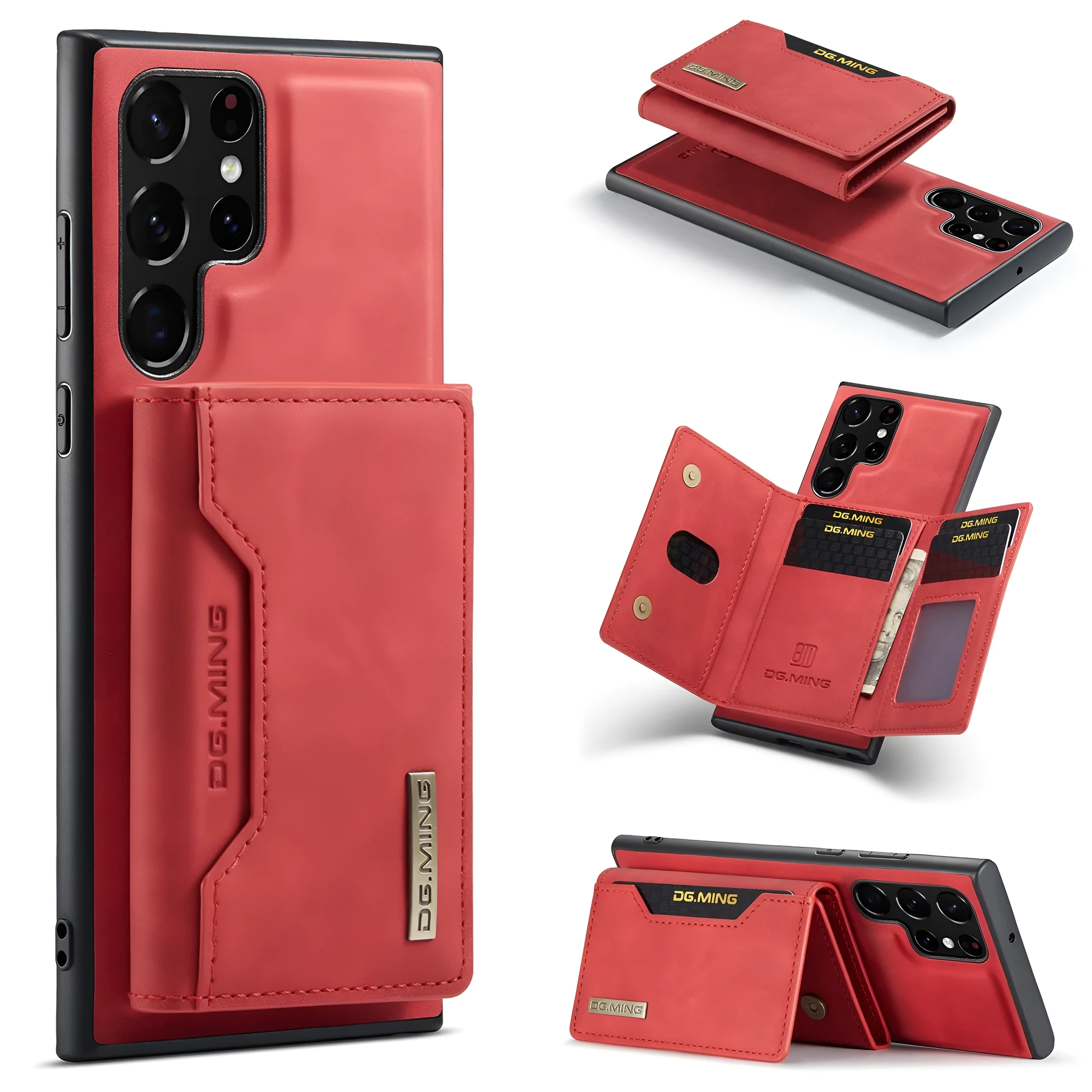 Magnetic card holder case for Samsung S22, black PU, single card slot on back, wireless charging compatible