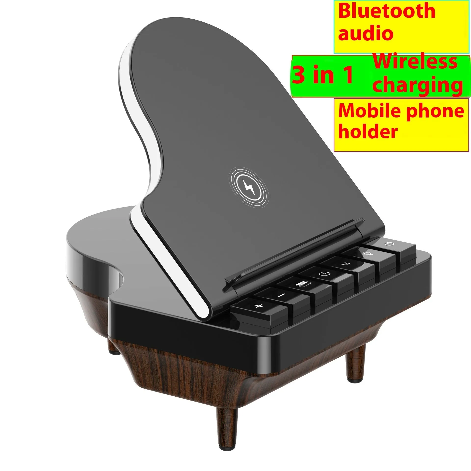 Black multi-function Bluetooth speaker wireless charger and phone holder on a desk