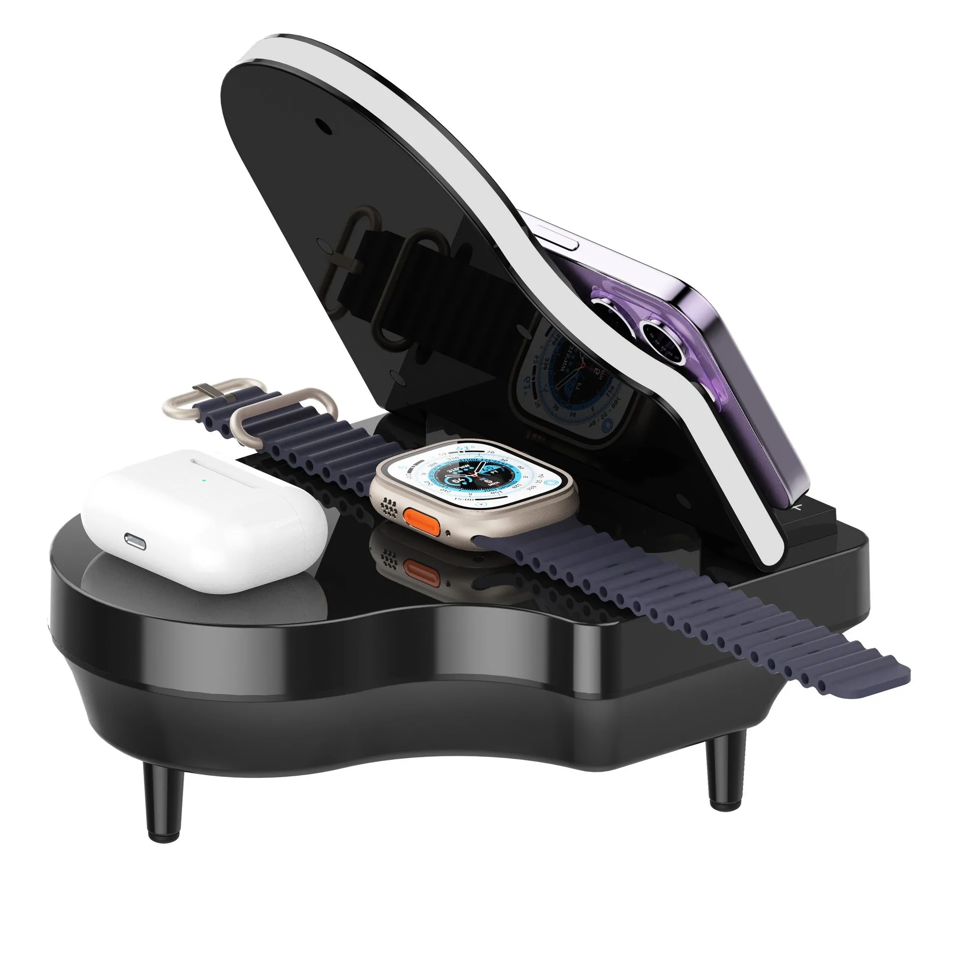 Black multi-function Bluetooth speaker wireless charger and phone holder on a desk
