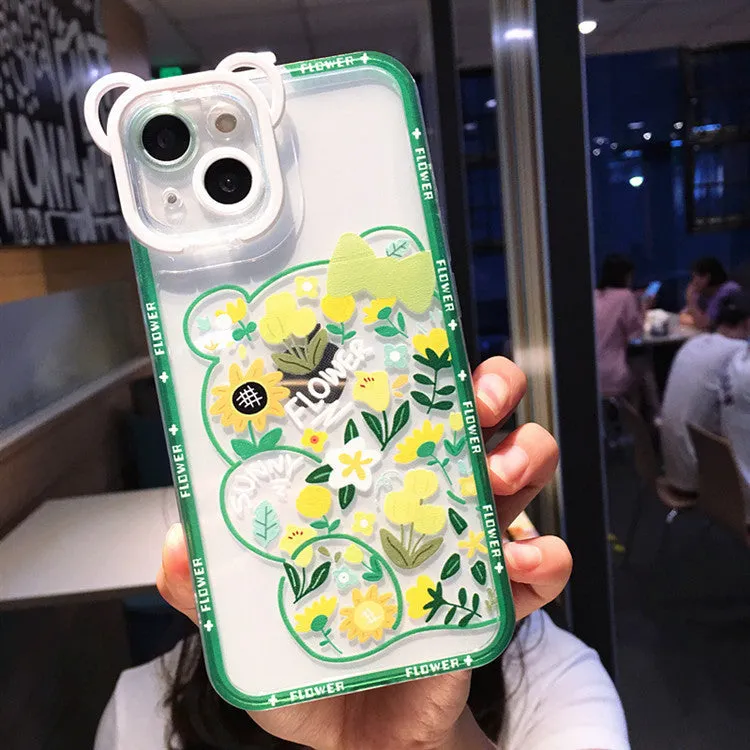TPU phone case with painted cartoon bear and flower design in black and green for Apple iPhone