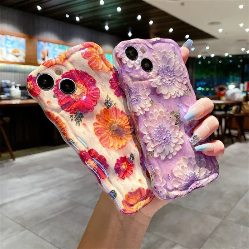 Silicone phone case for Apple iPhone 13 Pro Max with embossed art oil painting flower design in blue light meteorite pattern twisted border