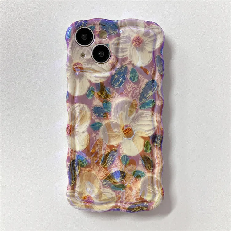 Silicone phone case for Apple iPhone 13 Pro Max with embossed art oil painting flower design in blue light meteorite pattern twisted border