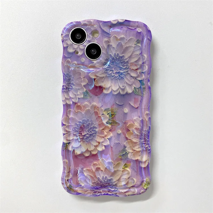 Silicone phone case for Apple iPhone 13 Pro Max with embossed art oil painting flower design in blue light meteorite pattern twisted border