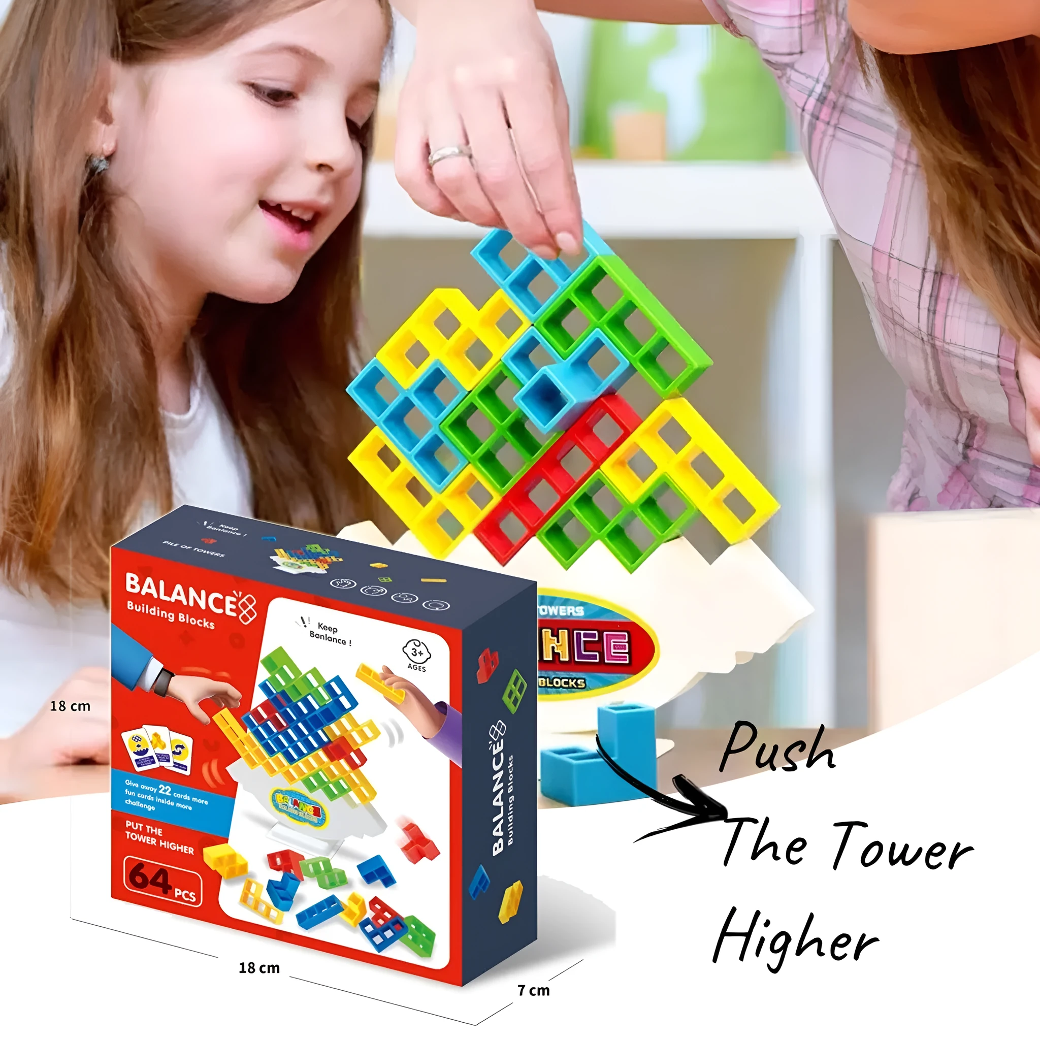 Balance stacking board game with 16 colourful plastic blocks on chassis