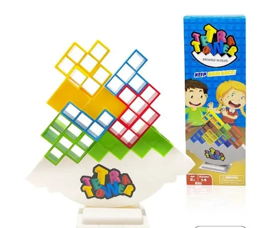 Balance stacking board game with 16 colourful plastic blocks on chassis