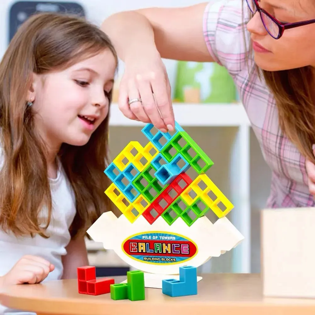 Balance stacking board game with 16 colourful plastic blocks on chassis