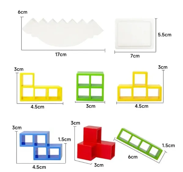 Balance stacking board game with 16 colourful plastic blocks on chassis
