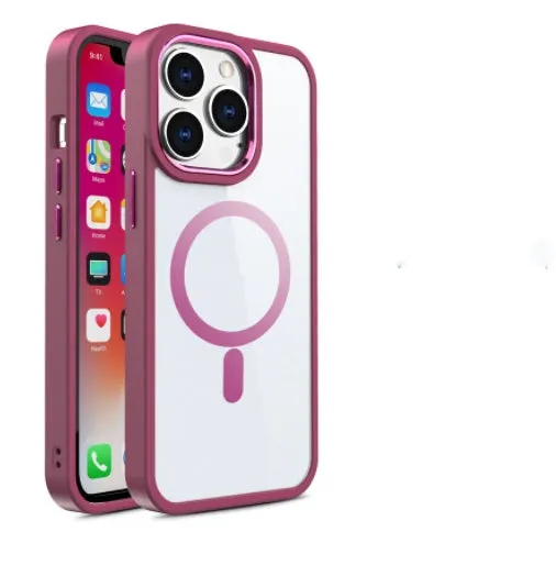 Silicone magnetic phone case for iPhone 15 Pro Max in black, showing transparent back and MagSafe ring