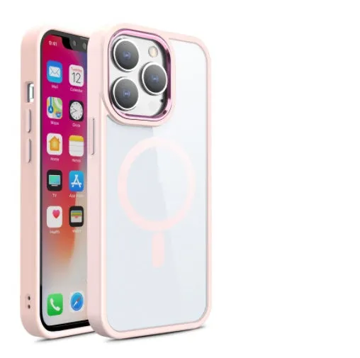Silicone magnetic phone case for iPhone 15 Pro Max in black, showing transparent back and MagSafe ring