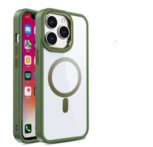Silicone magnetic phone case for iPhone 15 Pro Max in black, showing transparent back and MagSafe ring