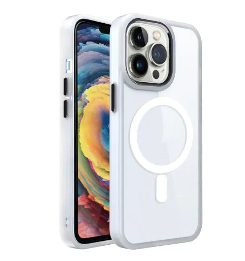 Silicone magnetic phone case for iPhone 15 Pro Max in black, showing transparent back and MagSafe ring