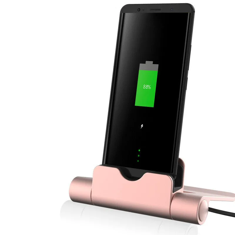WQ26 desktop charger stand for mobile phones in black, compatible with iPhone, MicroV8, and Type C cables