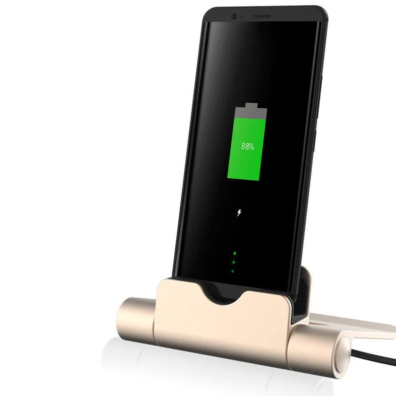 WQ26 desktop charger stand for mobile phones in black, compatible with iPhone, MicroV8, and Type C cables