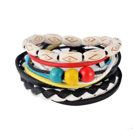 Hand-woven adjustable leather wrap bracelet with wooden beads and natural ropes in vintage punk style