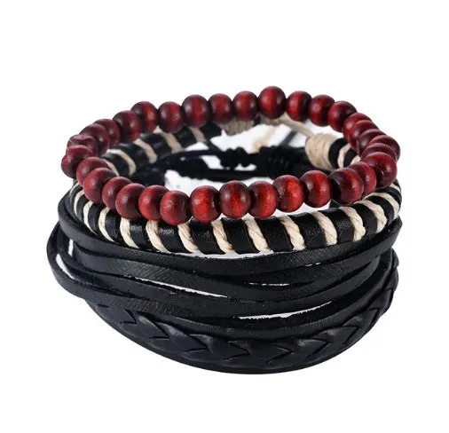 Hand-woven adjustable leather wrap bracelet with wooden beads and natural ropes in vintage punk style