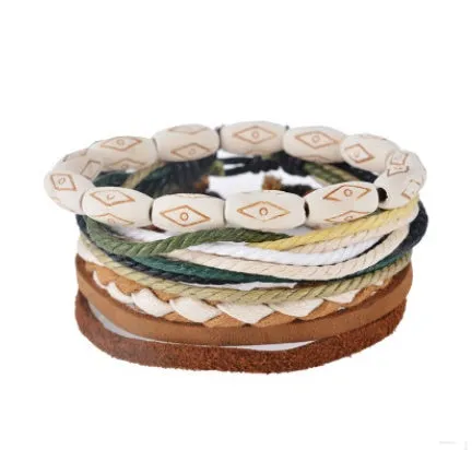 Hand-woven adjustable leather wrap bracelet with wooden beads and natural ropes in vintage punk style