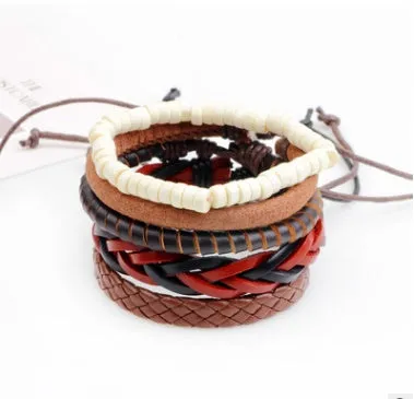 Hand-woven adjustable leather wrap bracelet with wooden beads and natural ropes in vintage punk style