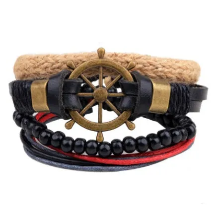 Hand-woven adjustable leather wrap bracelet with wooden beads and natural ropes in vintage punk style